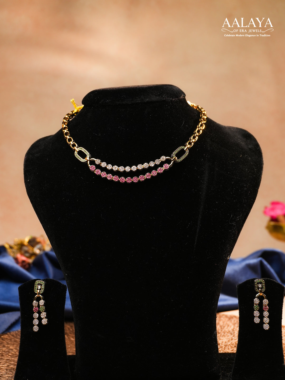 Aalaya Dual Layer Ruby Emerald and Crystal Chain Necklace Set