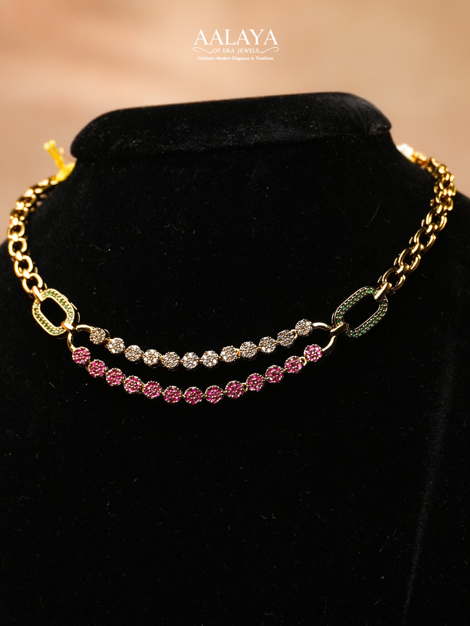 Aalaya Dual Layer Ruby Emerald and Crystal Chain Necklace Set