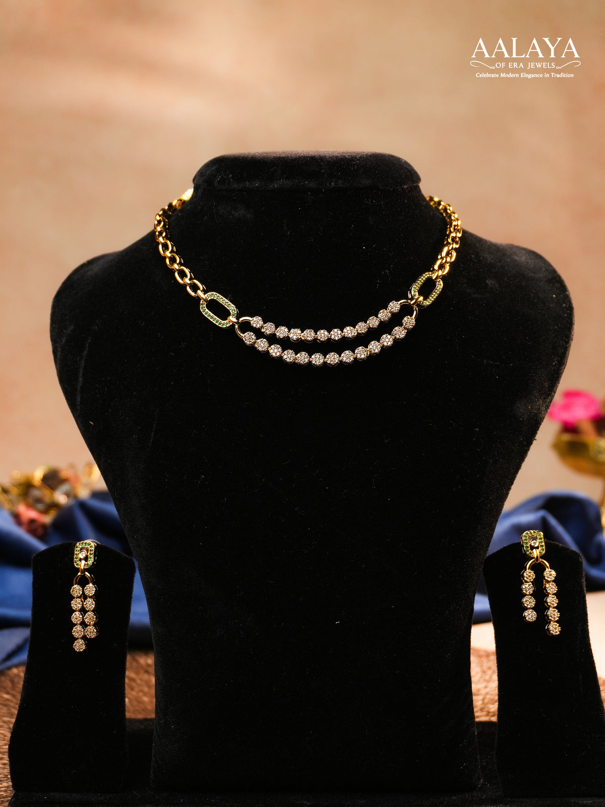 Aalaya Dual Layer Emerald and Crystal Chain Necklace Set