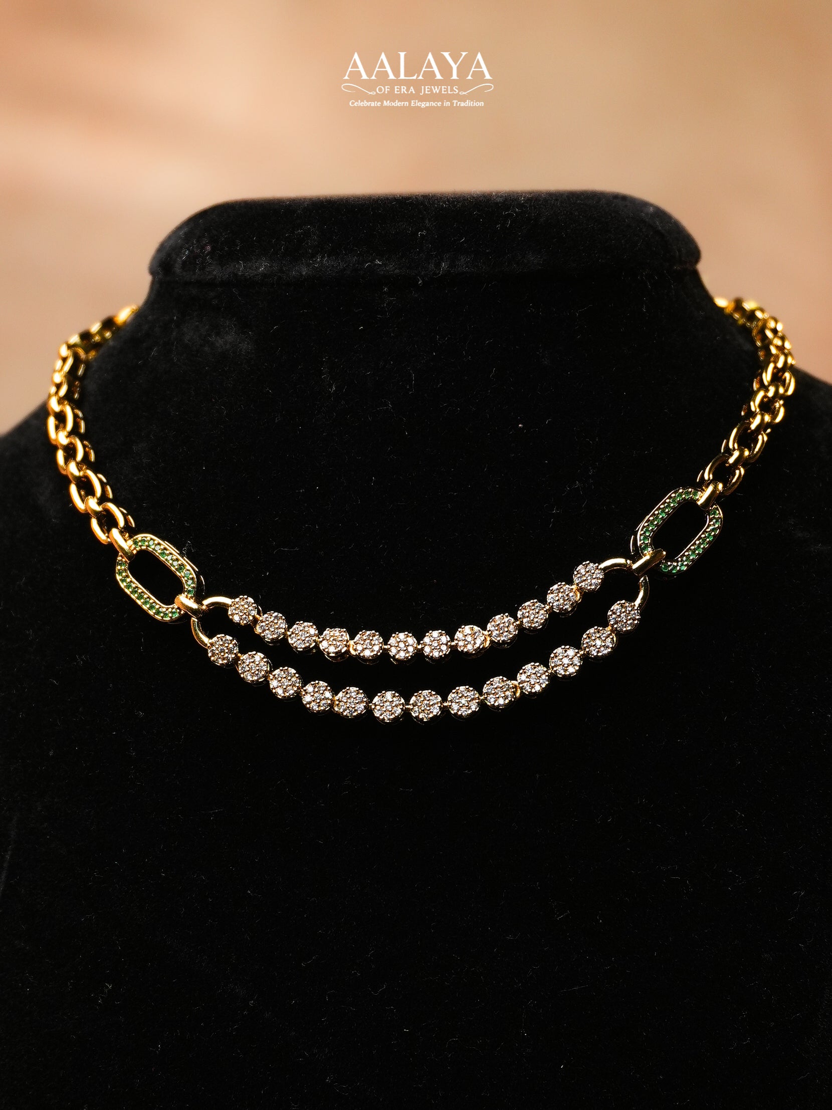 Aalaya Dual Layer Emerald and Crystal Chain Necklace Set