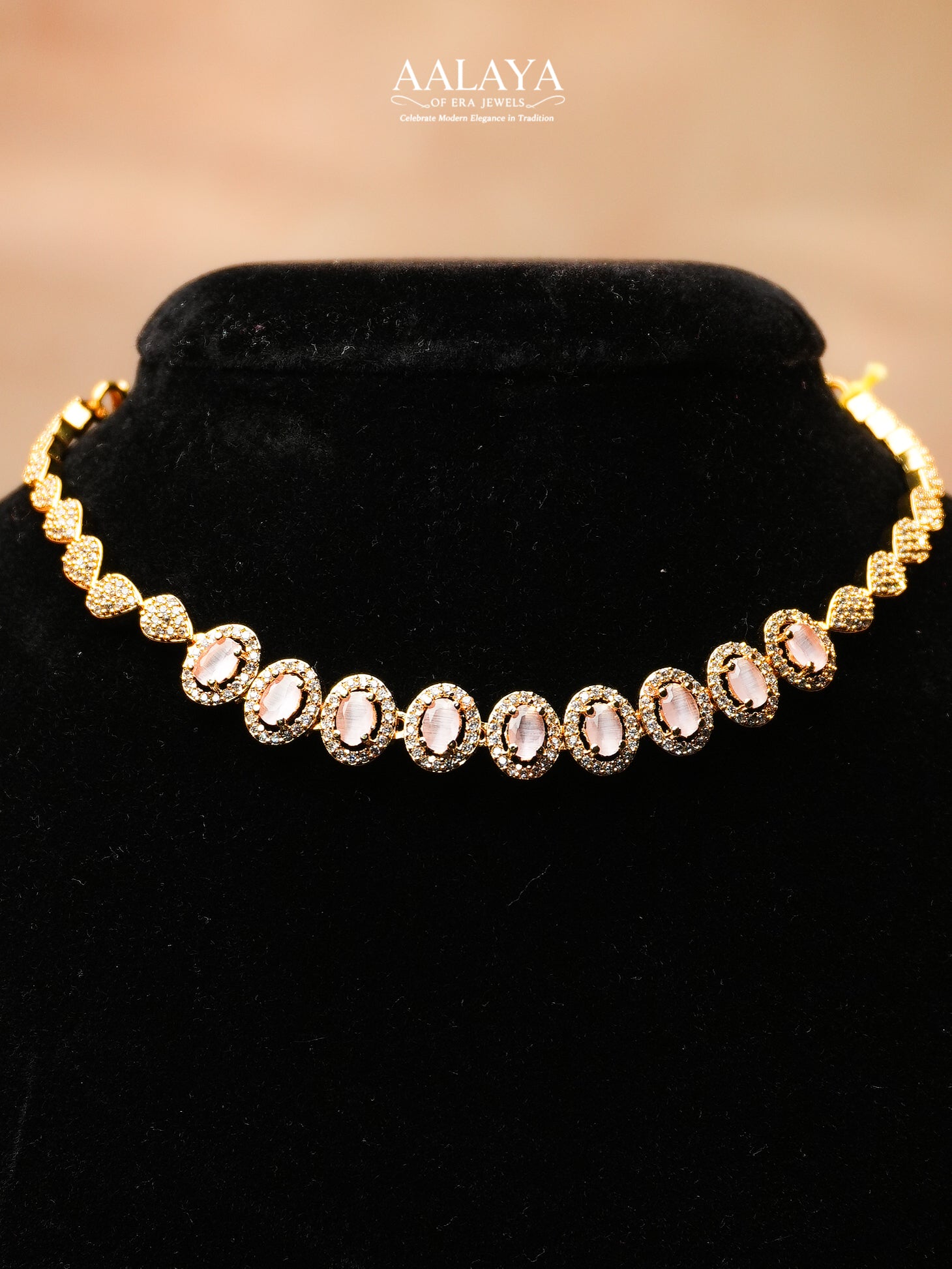 Aalaya Pink Crystal Halo Necklace Set