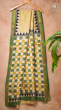 Yellow & Green Checkered Floral Handblocked Pure Maheshwari Cotton Saree