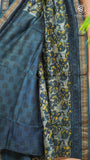 Steel Blue Floral Handblocked Pure Maheshwari Cotton Saree