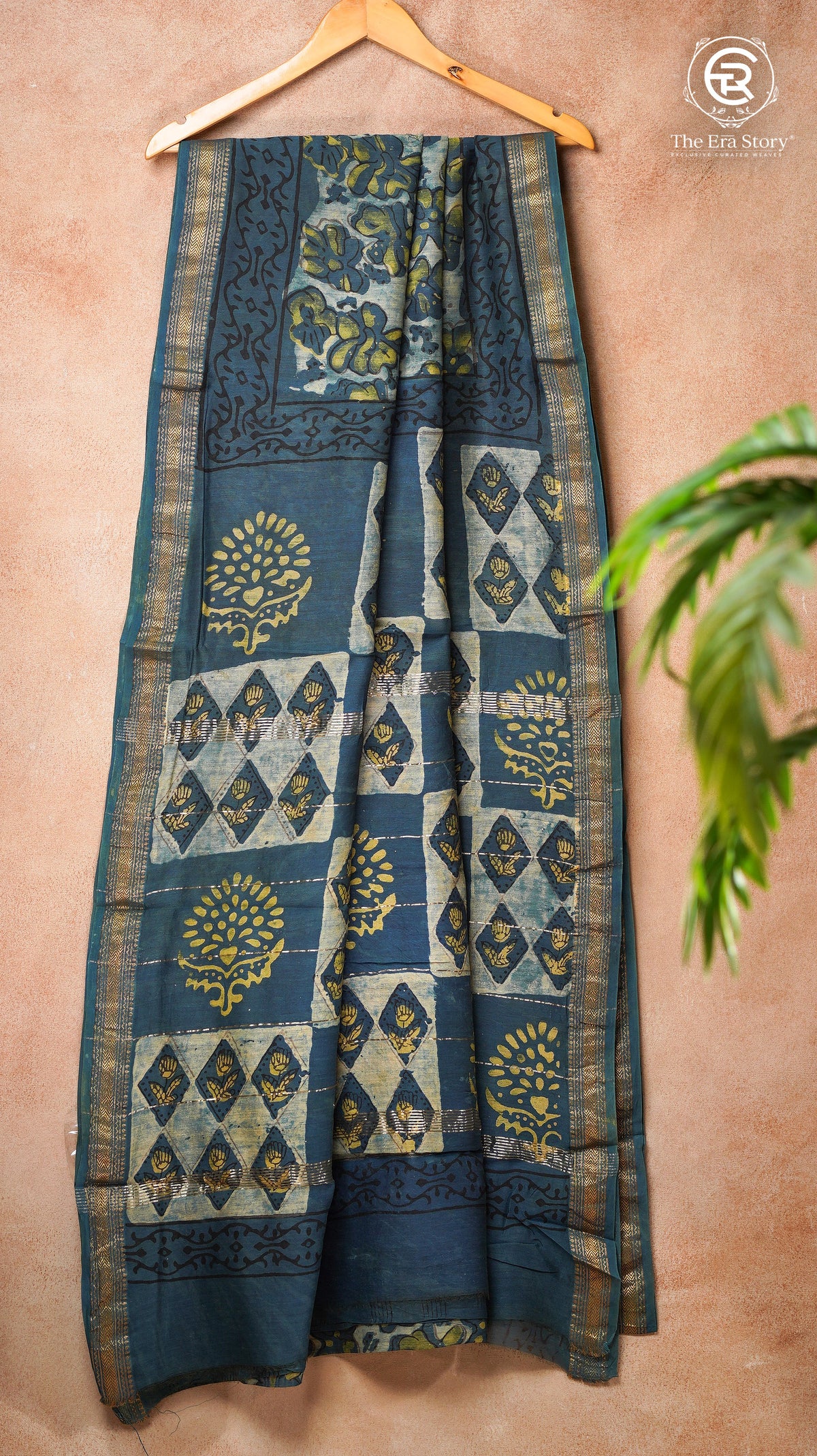 Steel Blue Floral Handblocked Pure Maheshwari Cotton Saree