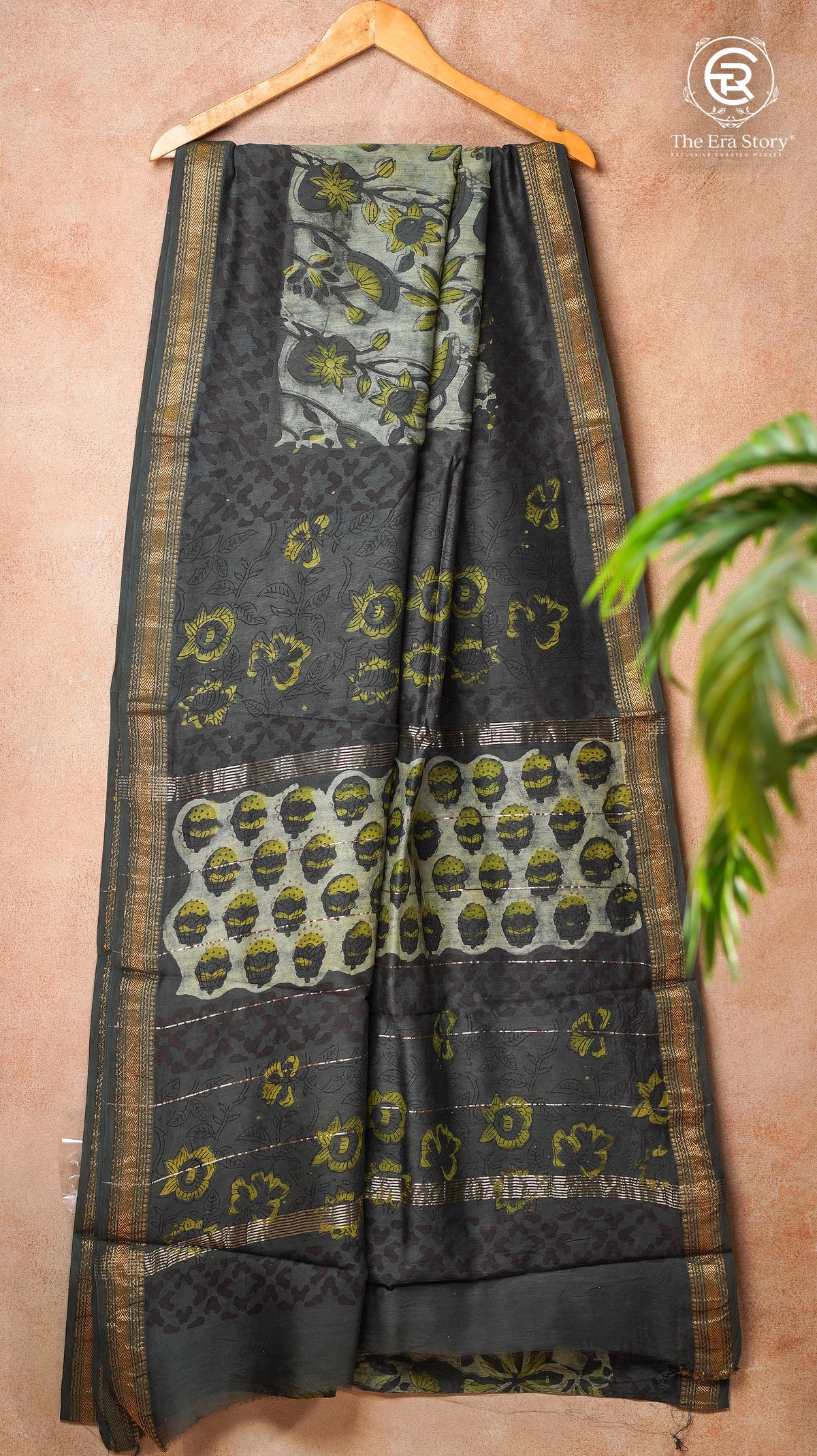 Grey & Green Pomegranate Organic Handblocked Pure Maheshwari Cotton Saree