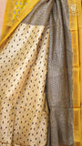 White & Black Checkered Yellow Floral Handblocked Pure Maheshwari Cotton Saree