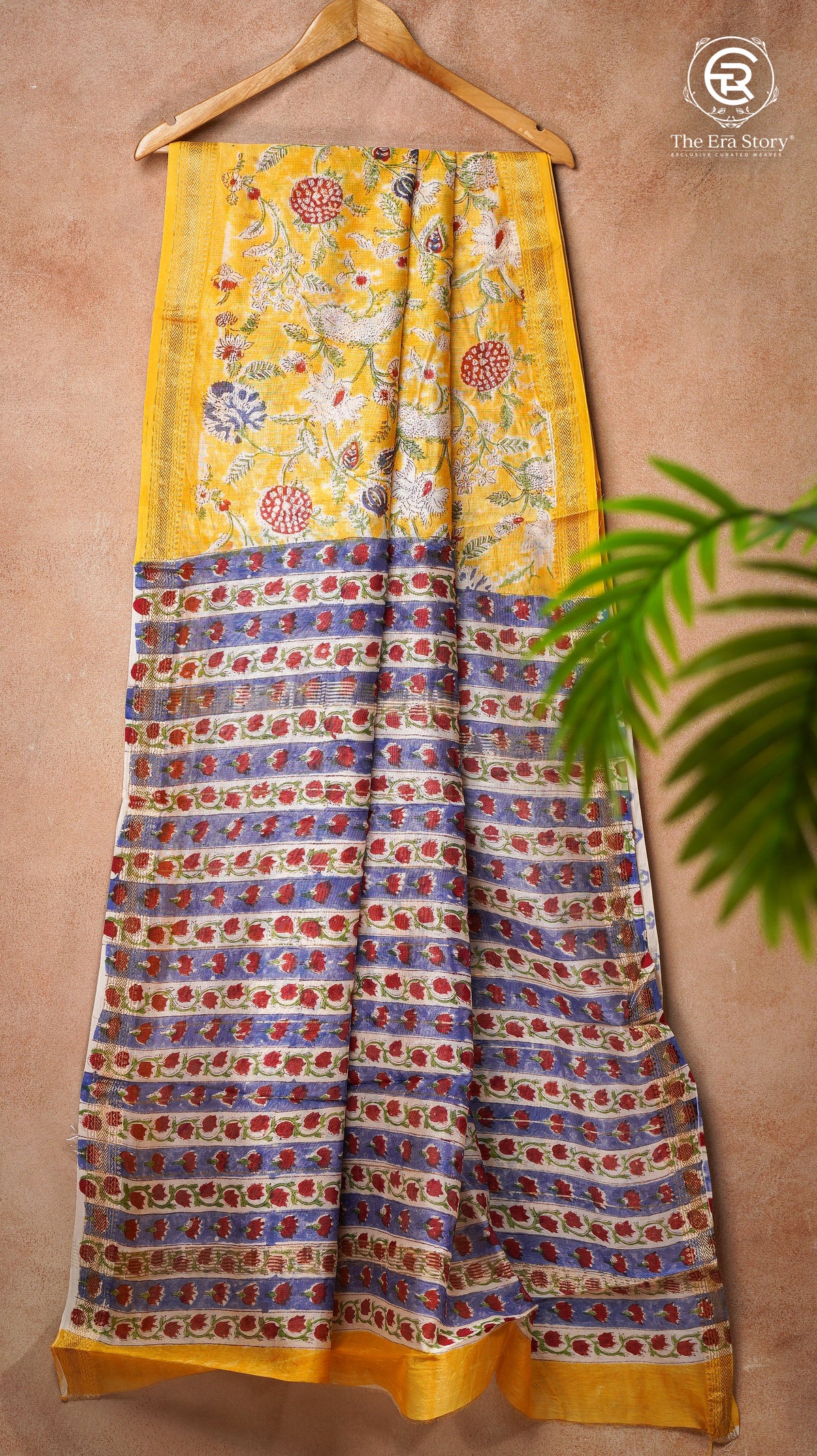 Yellow Red Floral Handblocked Pure Maheshwari Cotton Saree