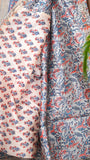 Pale Blue Orange Floral Handblocked Pure Maheshwari Cotton Saree