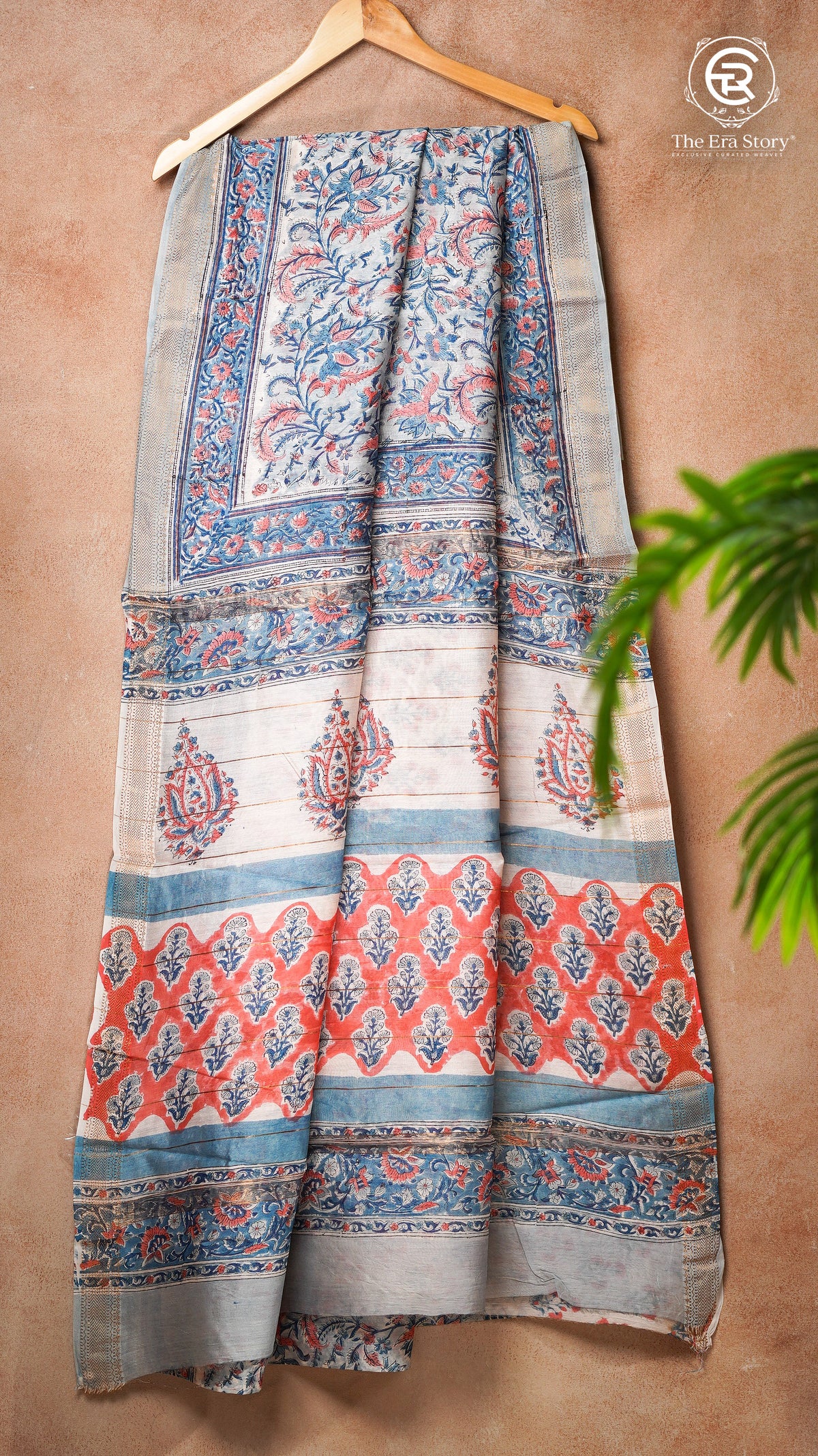 Pale Blue Orange Floral Handblocked Pure Maheshwari Cotton Saree