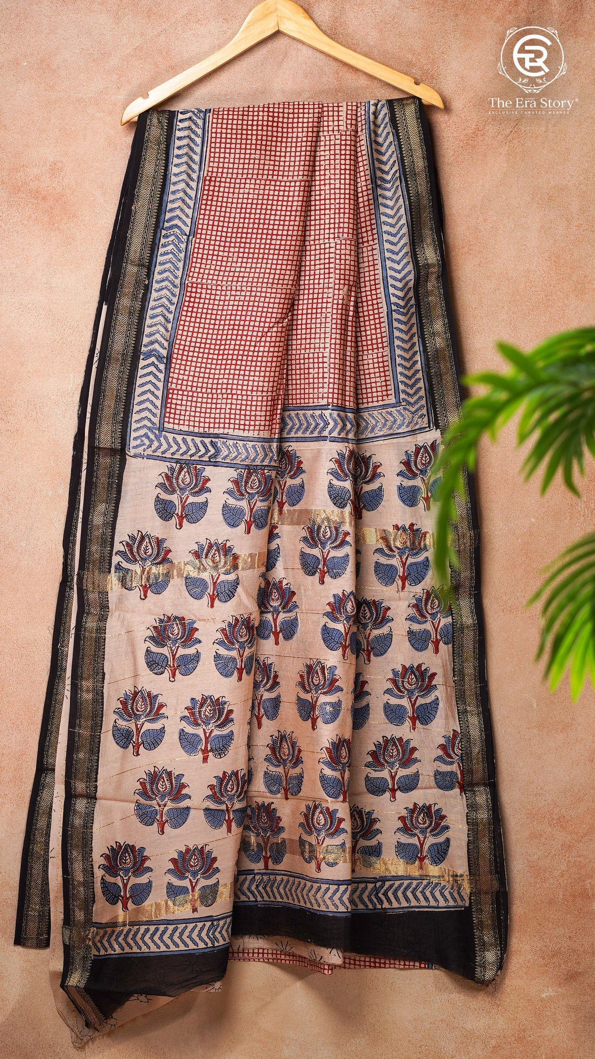 Beige Red Black Checkered Handblocked Pure Maheshwari Cotton Saree