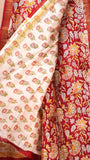 Red Yellow Floral Handblocked Pure Maheshwari Cotton Saree