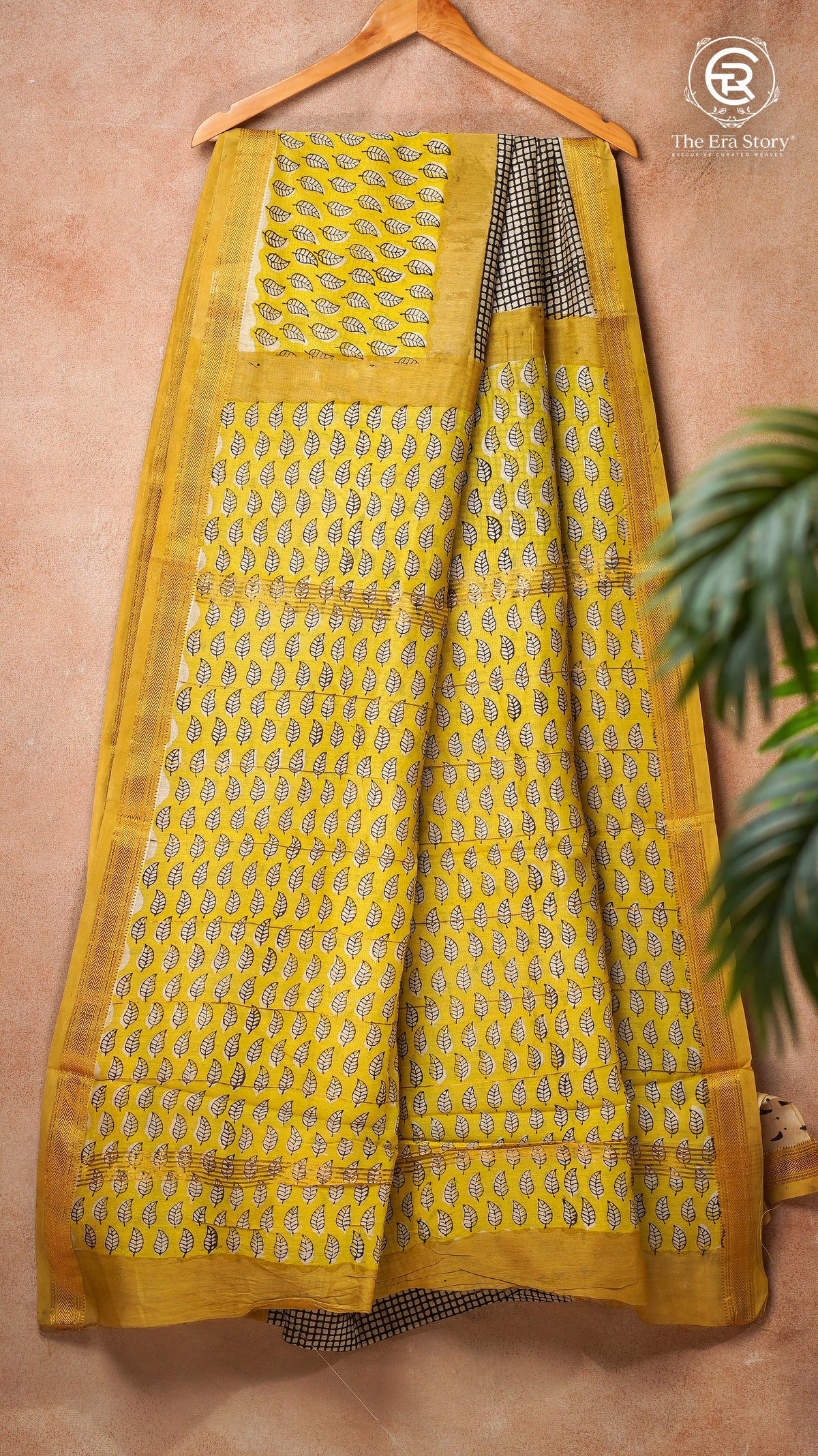White & Black Checkered Yellow Floral Handblocked Pure Maheshwari Cotton Saree