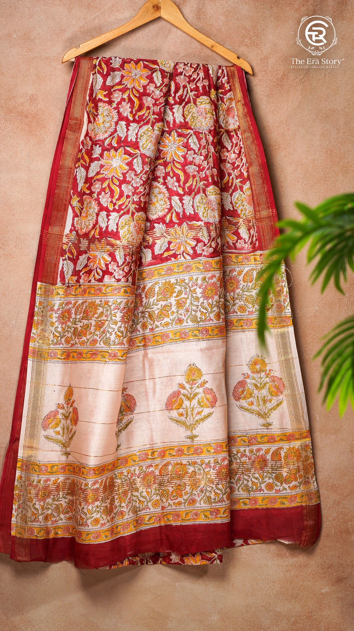 Red Yellow Floral Handblocked Pure Maheshwari Cotton Saree