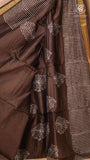 Brown Tree Floral Handblocked Pure Maheshwari Cotton Saree
