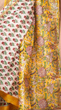 Yellow Floral Handblocked Pure Maheshwari Cotton Saree