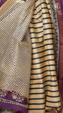 White Black & Violet Line Patterned Handblocked Pure Maheshwari Cotton Saree