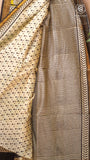 White & Yellow Line Patterned Handblocked Pure Maheshwari Cotton Saree