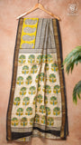 White & Yellow Line Patterned Handblocked Pure Maheshwari Cotton Saree