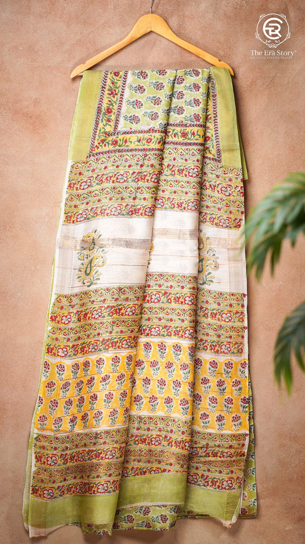 Green Floral Handblocked Pure Maheshwari Cotton Saree