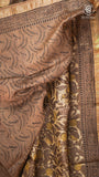 Beige & Brown Floral Handblocked Pure Maheshwari Cotton Saree
