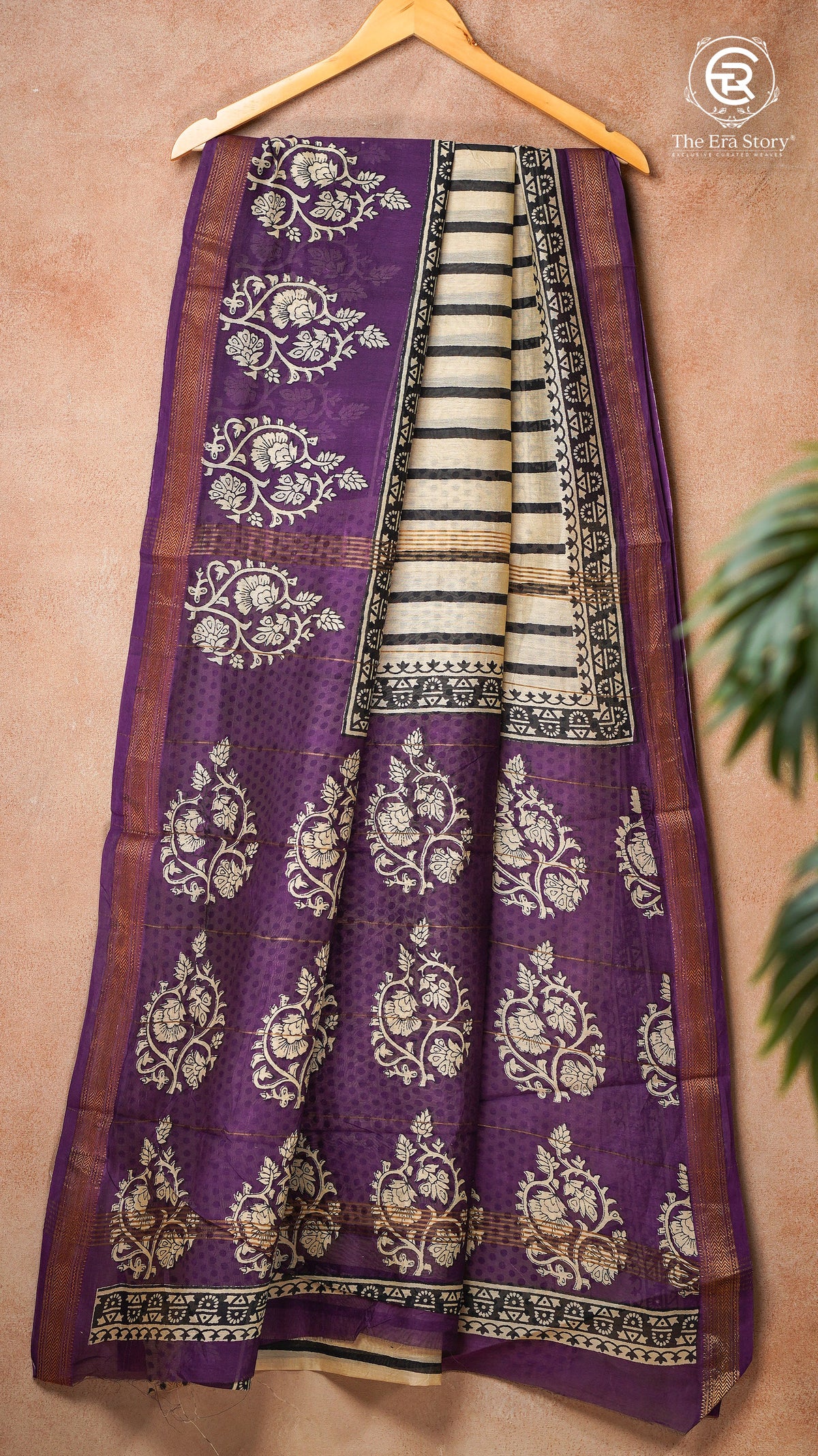 White Black & Violet Line Patterned Handblocked Pure Maheshwari Cotton Saree
