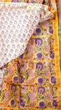 Yellow & Blue Floral Handblocked Pure Maheshwari Cotton Saree