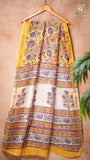Yellow & Blue Floral Handblocked Pure Maheshwari Cotton Saree