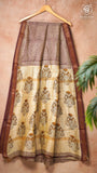 Beige Maroon Checkered Handblocked Pure Maheshwari Cotton Saree