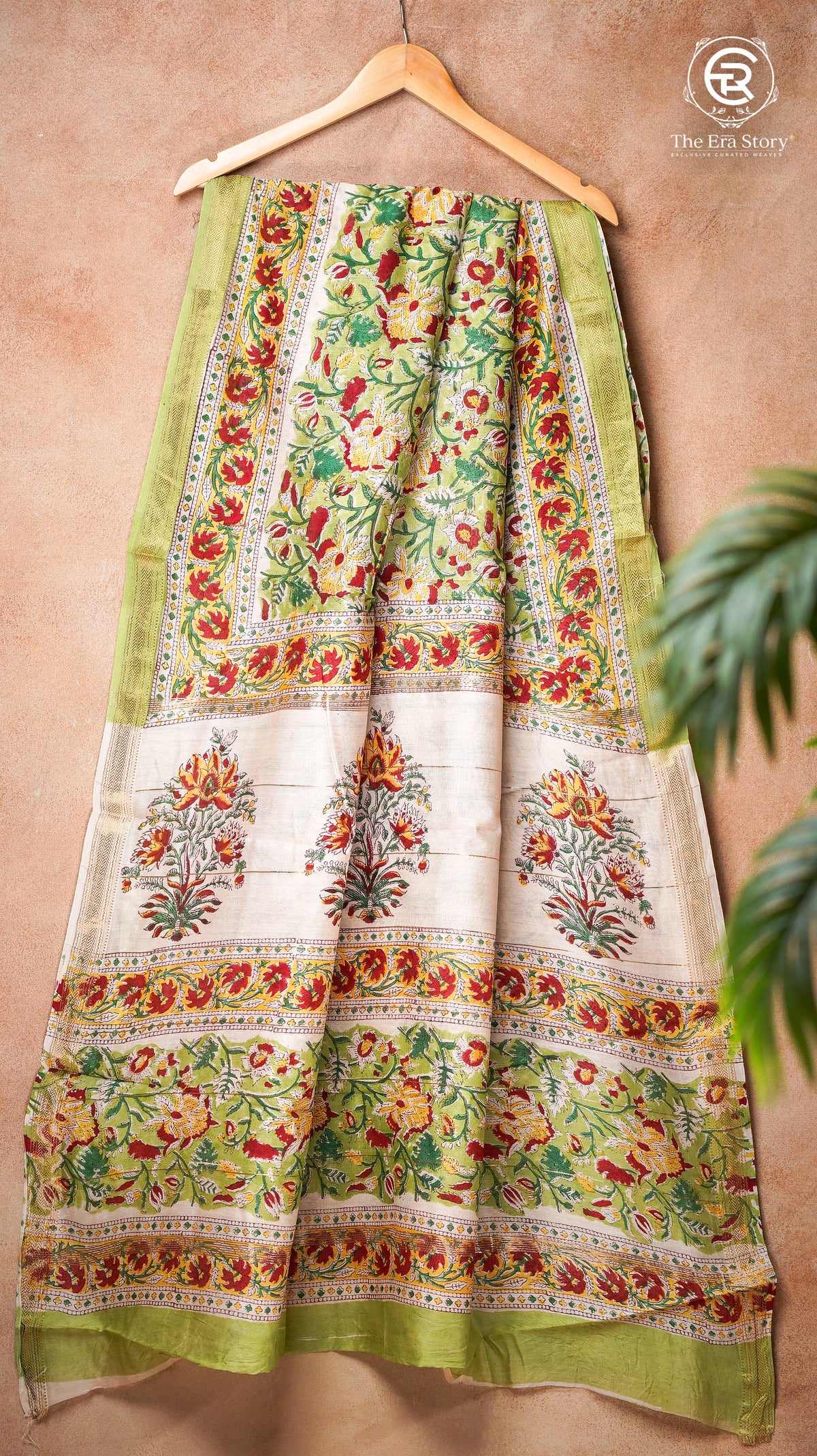 Green & Red Floral Handblocked Pure Maheshwari Cotton Saree