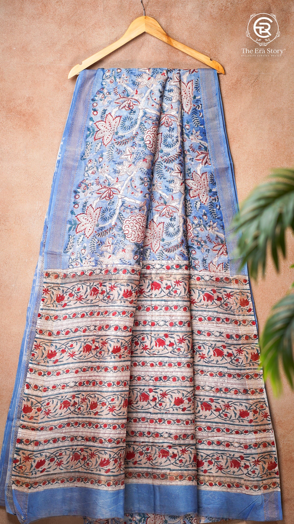 Blue & White Red Floral Handblocked Pure Maheshwari Cotton Saree