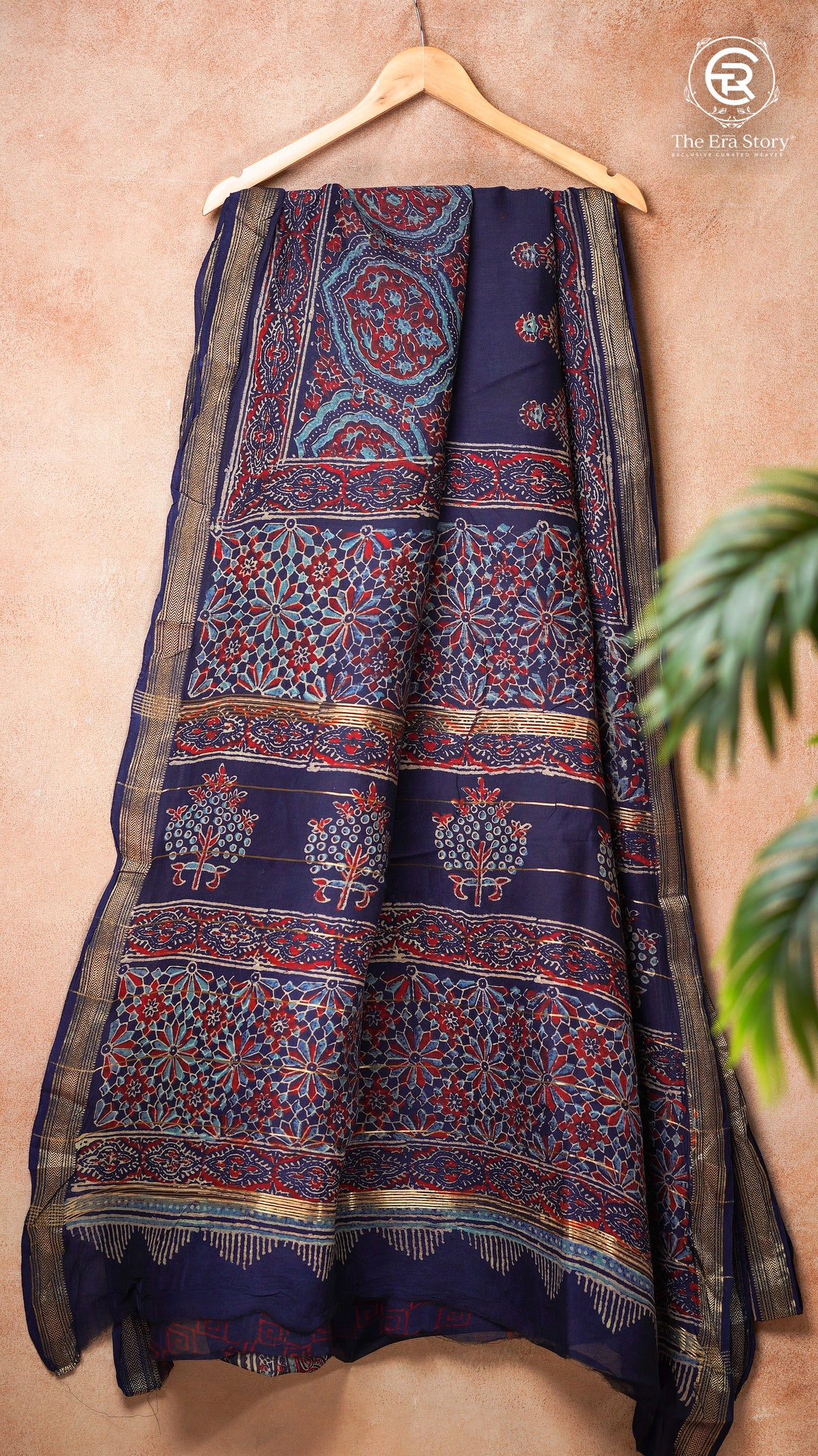Royal Indigo Blue Ajrakh Handblocked Pure Maheshwari Cotton Saree