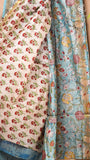 Baby Blue Floral Handblocked Pure Maheshwari Cotton Saree
