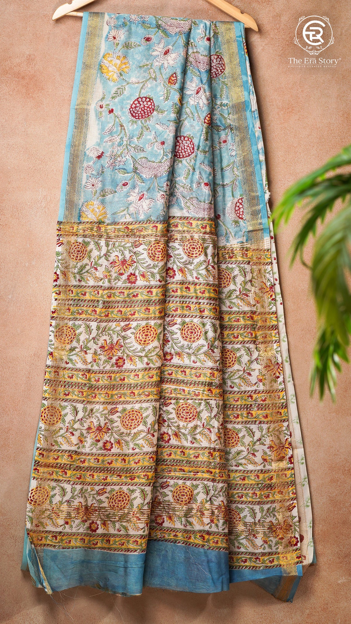 Baby Blue Floral Handblocked Pure Maheshwari Cotton Saree