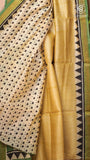Yellow & Green Checkered Floral Handblocked Pure Maheshwari Cotton Saree