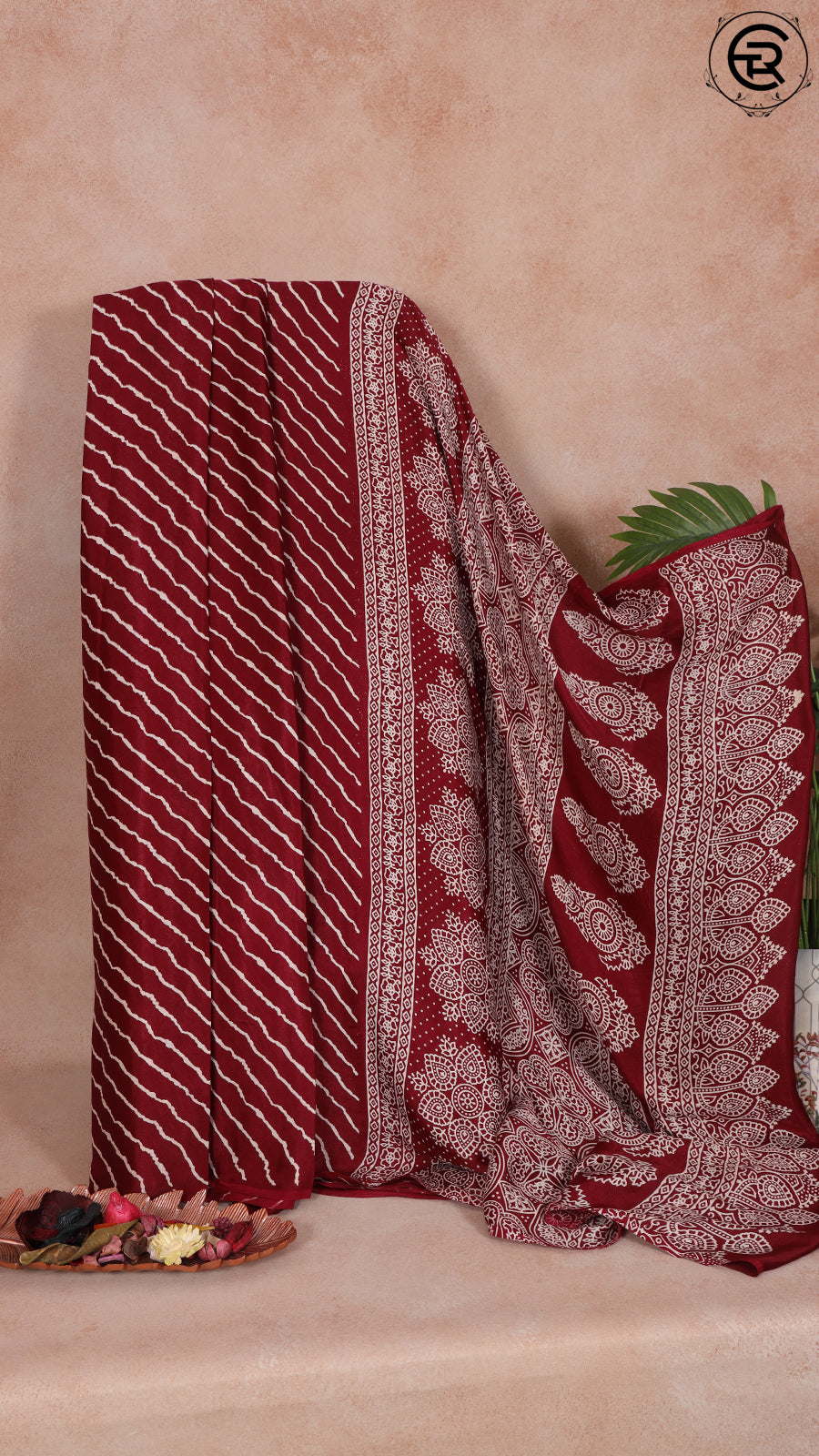 Maroon Line Patterned Ajrakh Modal Slik Saree