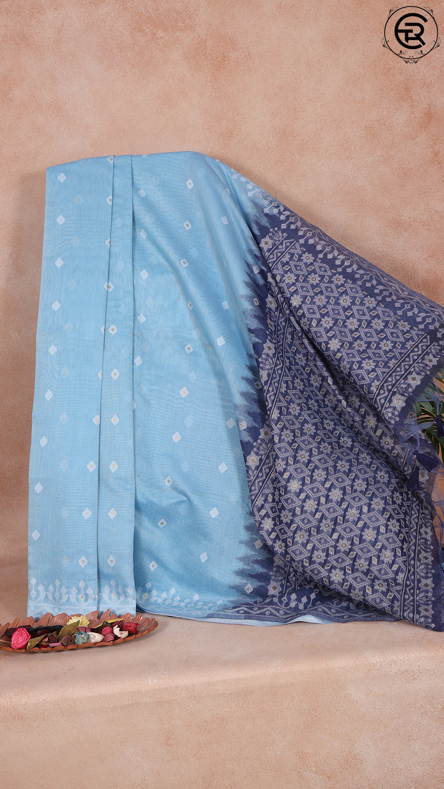 Baby Blue and Dark Blue Jamdani Handloom Cotton Saree