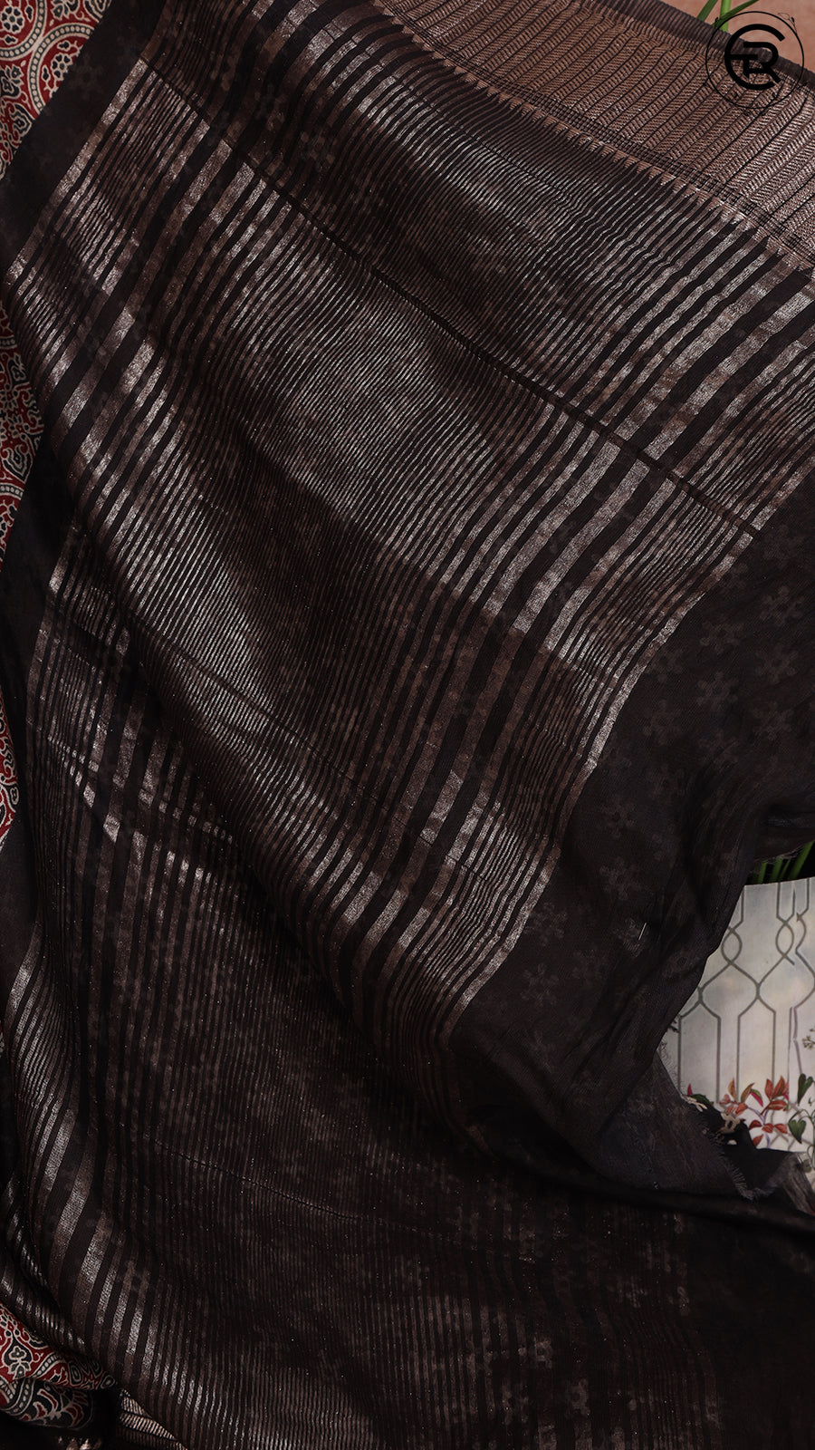 Maroon and Black Blue Ajrakh Munga Handloom Cotton Saree