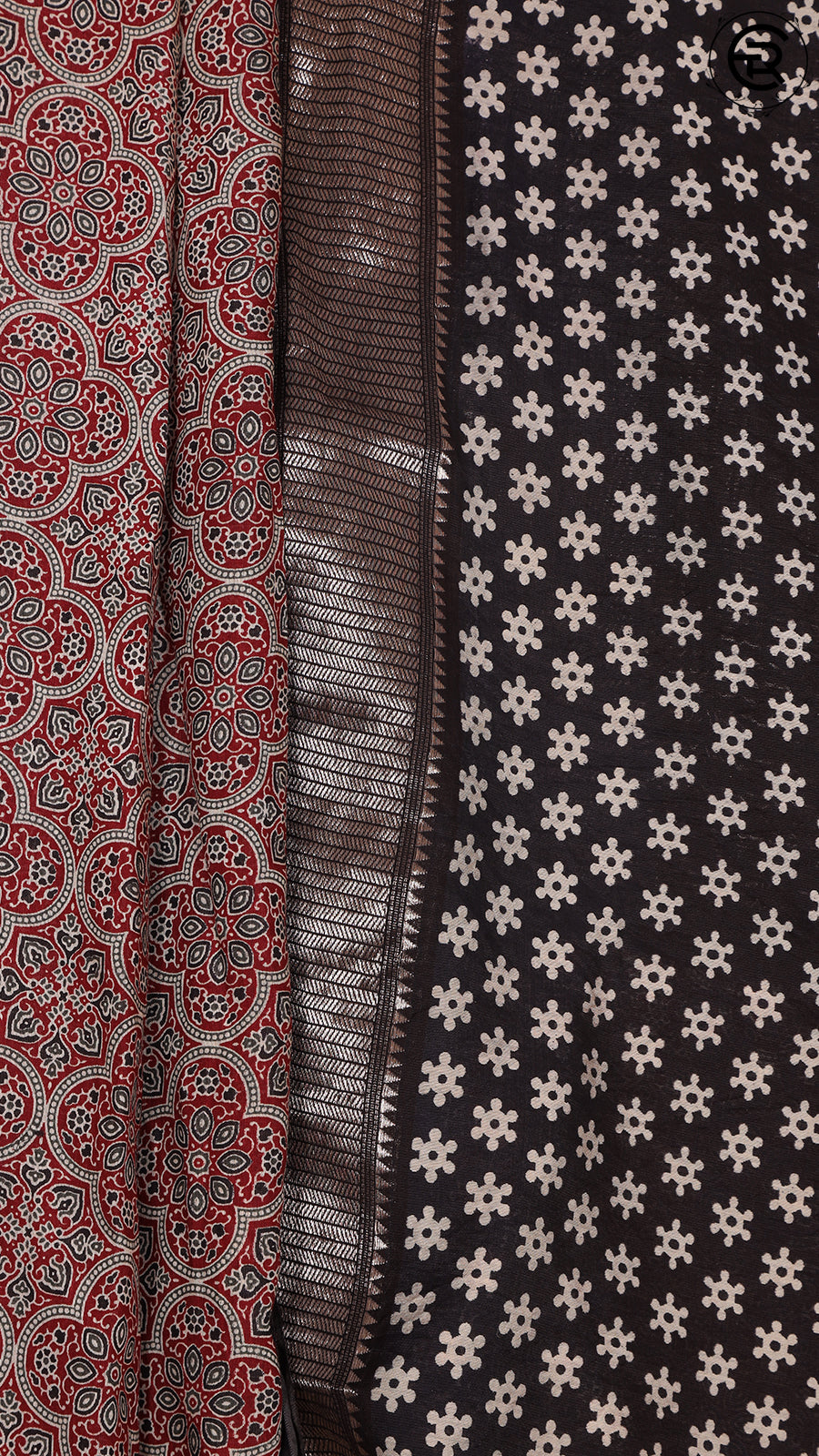 Maroon and Black Blue Ajrakh Munga Handloom Cotton Saree