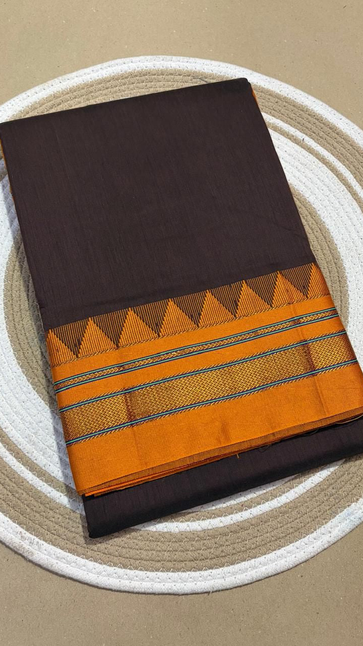 Brown & Yellow Handloom Narayanpet Cotton Saree