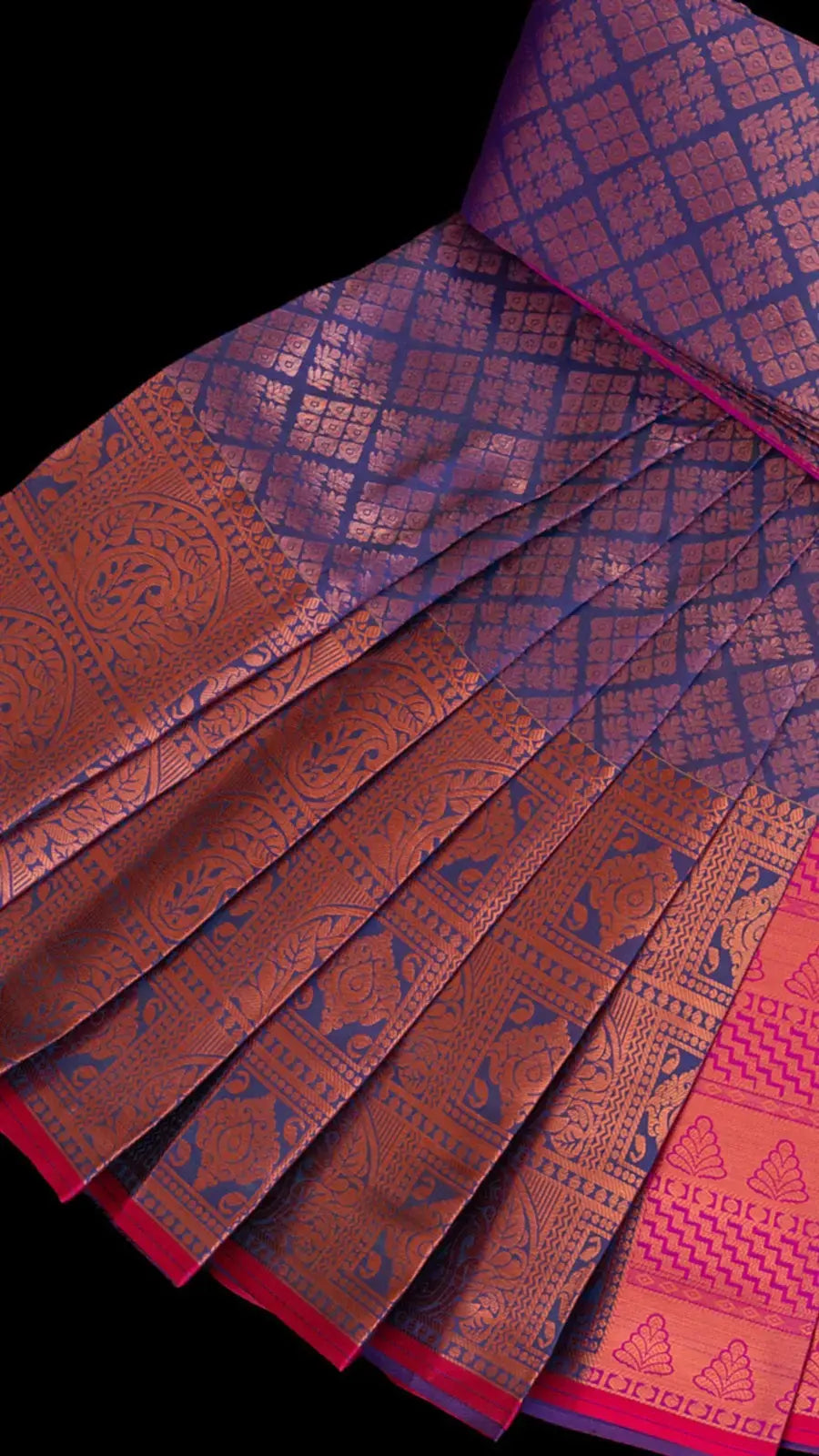 Greyish Blue & Pink Bridal Silk Gold Zari Woven Floral Mango Matrix Design Kanchipuram Set