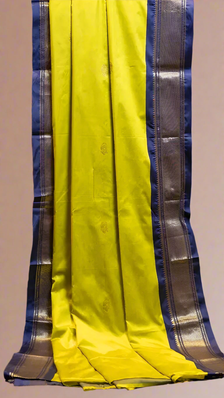 Lime Green and Navy Blue Zari Woven Butta with Traditional Border Semi Kanchi Silk Saree
