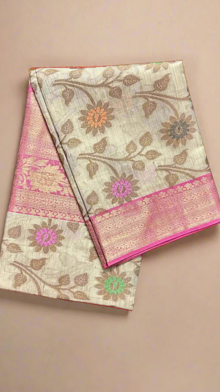 Beige and Pink Meenakari Floral Jute Tissue Silk Saree