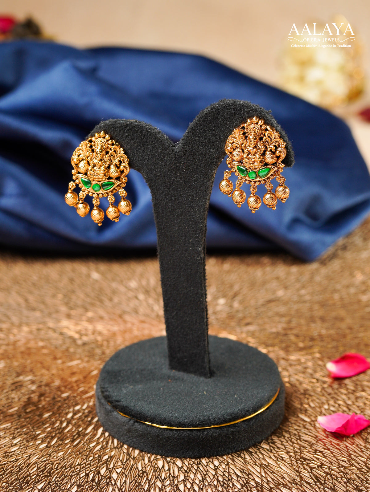 Aalaya Lakshmi Emerald Temple Stud Earrings