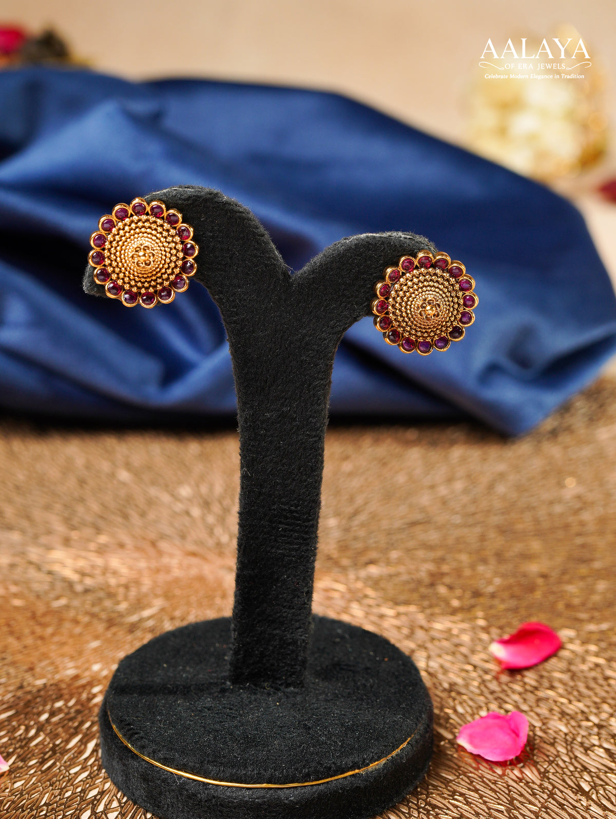 Aalaya Ruby Halo Temple Stud Earrings
