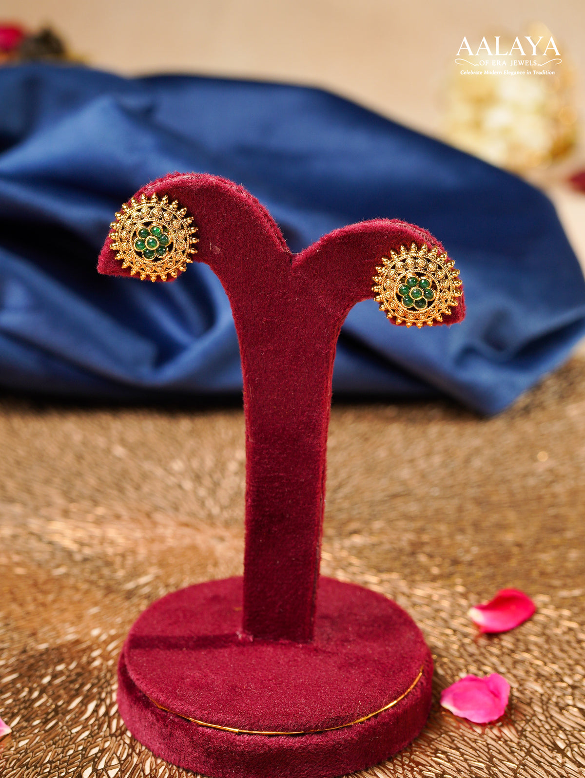Aalaya Emerald Floral Temple Stud Earrings