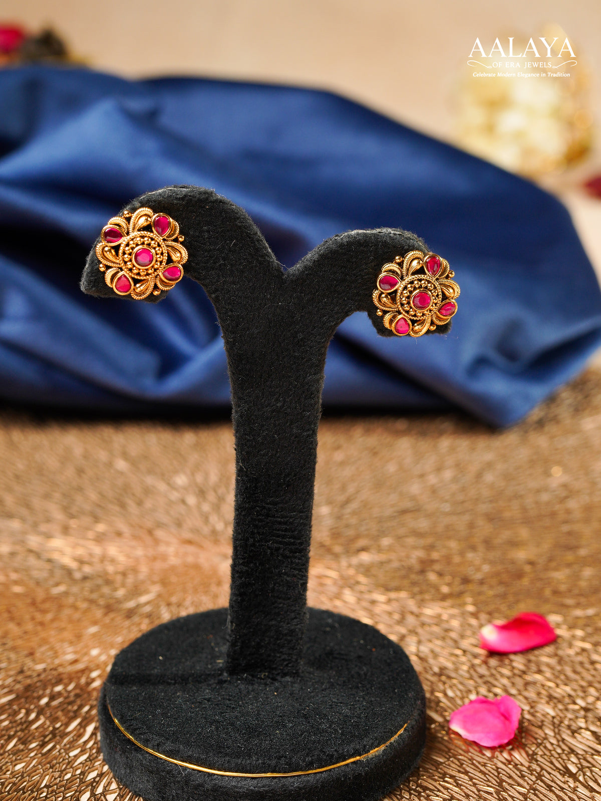 Aalaya Ruby Blossom Temple Stud Earrings