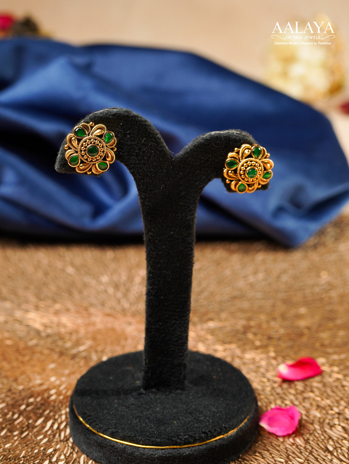 Aalaya Emerald Blossom Temple Stud Earrings