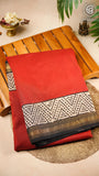 Red Beige & Black Handblocked Maheshwari Silk Cotton Saree