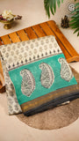 White & Green Handblock Maheshwari Silk Cotton Saree