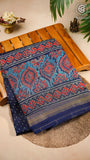 Navy Blue Floral Handblocked Pure Maheshwari Cotton Silk Sarees